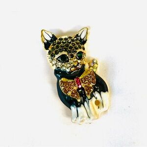 Brooch Gold & Black Cat with Bow green stone eyes, NIP, rhinestones & enamel pnt